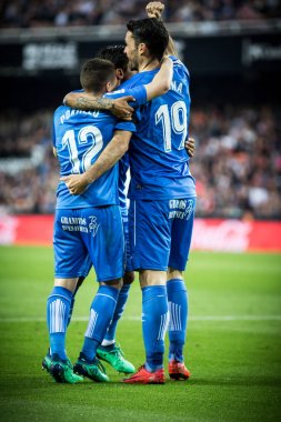 Valencia, İspanya - 18 Nisan: Getafe bir hedef Valencia Cf ve Getafe Cf Mestalla Stadı nda İspanyol La Liga maçı sırasında 18 Nisan 2018 üzerinde Valencia, İspanya Madridli oyuncuların