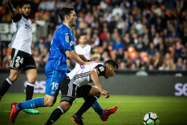 Valencia, İspanya - 18 Nisan: (L) Molina, Murillo sırasında İspanyol La Liga maç Valencia Cf ve Getafe Cf Mestalla Stadı nda arasında 18 Nisan 2018 üzerinde Valencia, İspanya