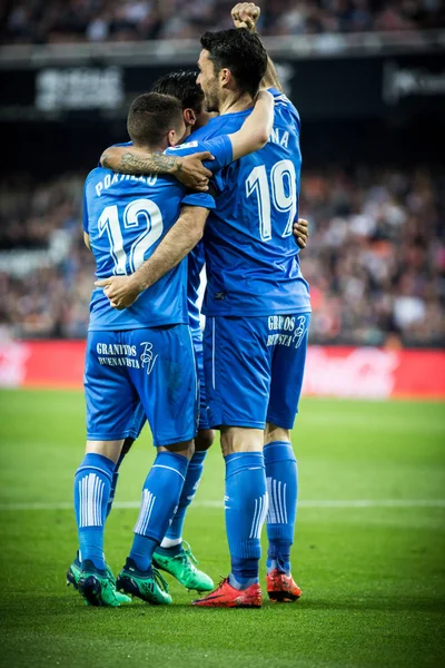 Valencia Espanha Abril Jogadores Getafe Celebram Gol Durante Jogo Liga — Fotografia de Stock