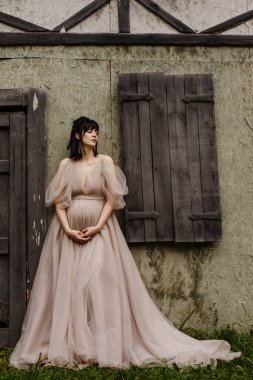 Beautiful pregnant lady in nice dress outdoor
