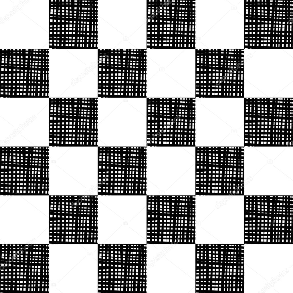 Vector seamless pattern. Chequered background, design element with black white squares. Backdrop, texture with optical illusion. Fabric textile