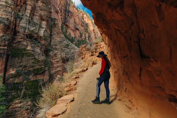 Chica viajera con sombrero en el Parque Nacional Zion en el suroeste de Utah cerca de la ciudad de Springdale, EE.UU. — Foto de Stock