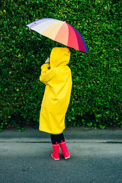 girl in a yellow raincoat on a background of a wall with grass with a multi-colored umbrella