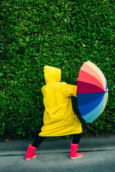Menina em uma capa de chuva amarela em um fundo de uma parede com grama com um guarda-chuva multi-colorido — Fotografia de Stock