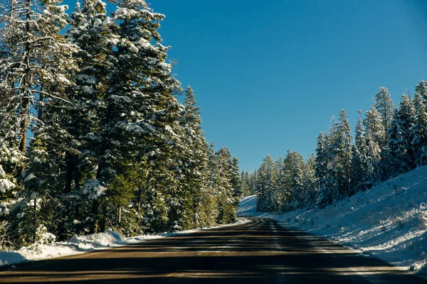 Estrada de inverno nevado. Um conto de fadas de Inverno. Passeio em uma estrada de inverno . — Fotografia de Stock