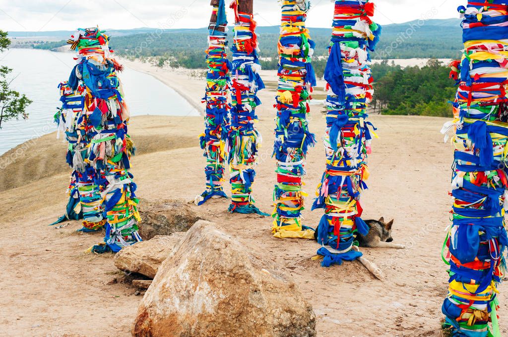 Wooden shaman totems at Burhan Cape, Baikal Lake, Russian Federation