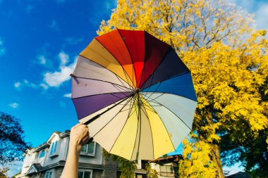  Genç bir kadın elinde çok renkli bir şemsiyeyle onu mavi gökyüzü ile döndürüyor. 