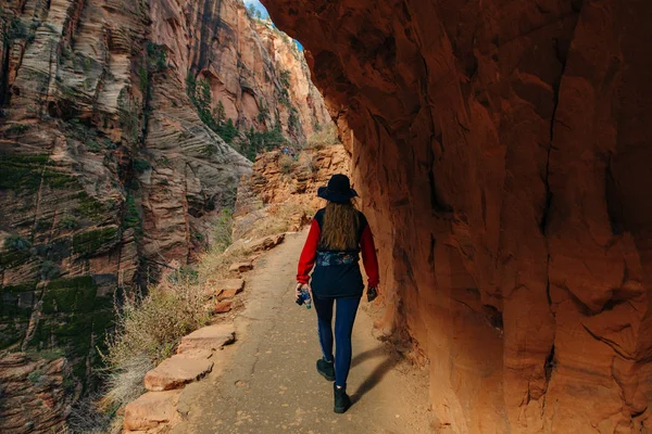 Chica viajera con sombrero en el Parque Nacional Zion en el suroeste de Utah cerca de la ciudad de Springdale, EE.UU. — Foto de Stock
