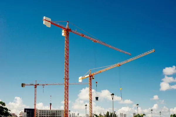 Guindastes industriais amarelos trabalhando no canteiro de obras contra o céu azul — Fotografia de Stock