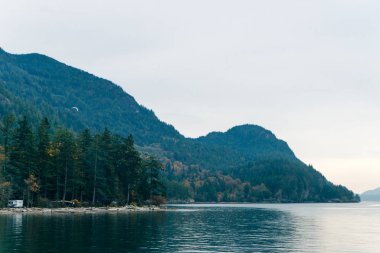 Howe Sound 'daki Horseshoe Körfezi' nin havadan panoramik görüntüsü. Batı Vancouver, İngiliz Kolombiyası, Kanada.