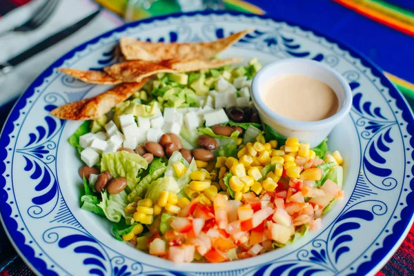 Salada mexicana com milho, pimenta, batatas fritas, queijo, abacate e molho — Fotografia de Stock