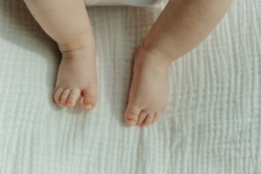 Bebek bacakları. Beyaz çoraplar ve vücut giysisi içinde sürünen bebek. Yukarıdan görüntüle.