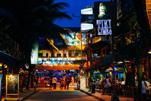 peru - june, 2019 night street in montanita