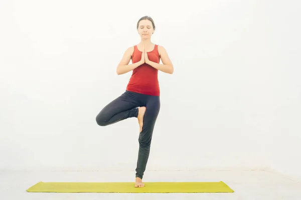 Side view portrait of beautiful young woman doing yoga or pilates exercise on white background — 스톡 사진