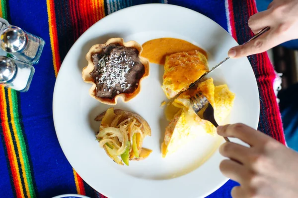 Dos deliciosos rollos indígenas mexicanos hechos con tortilla de huevo con mole y cebolla — Foto de Stock