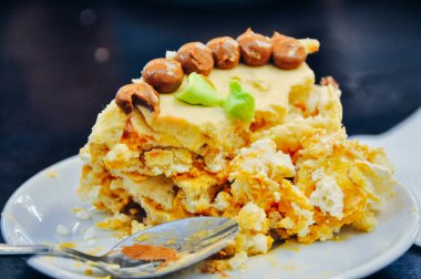 Yarısı yenmiş bir parça kek bir tabakta yatıyor..