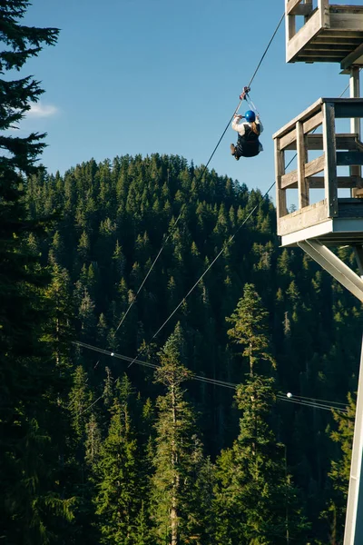 ZIPLINE através da folhagem florestal em um parque de Vancouver, Colúmbia Britânica, Canadá — Fotografia de Stock