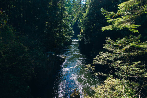 Capilano River, Vancouver, Canada, running through a lush, wooded valley, with mountains in the background.