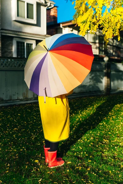 Menina sob um guarda-chuva multi-colorido. imagem brilhante — Fotografia de Stock