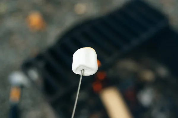 Marshmallow på spett är stekt på bål. Rostade marshmallows öppen eld på spett — Stockfoto