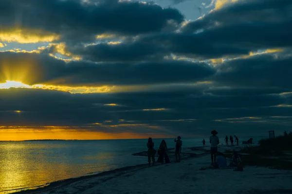 Wyspa Holbox zachód słońca plaża palma drzewo tropikalne w Meksyku — Zdjęcie stockowe