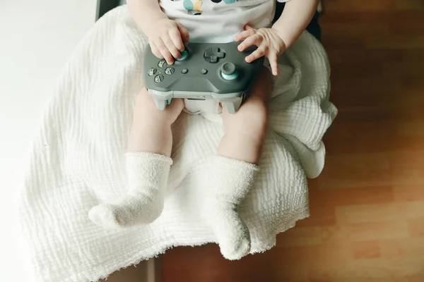 Very Small Child Plays Joystick — Stock Photo, Image