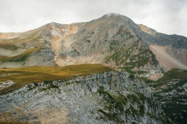 Ormanda termos, yeşil tepelerde çay içmek. Su akıyor, küçük bir nehir. Doğa seyahati Rusya