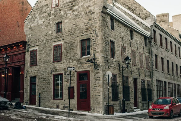 Wide Angle Corner Street Old Architectural Buildings Heart Old Montreal — Fotografia de Stock