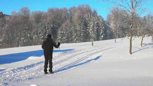 Skidåkning längdskidåkning i skidorten i Österrike — Stockvideo