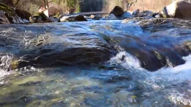 Cachoeira pura de água doce no rio da floresta. Dia ensolarado. com áudio . — Vídeo de Stock