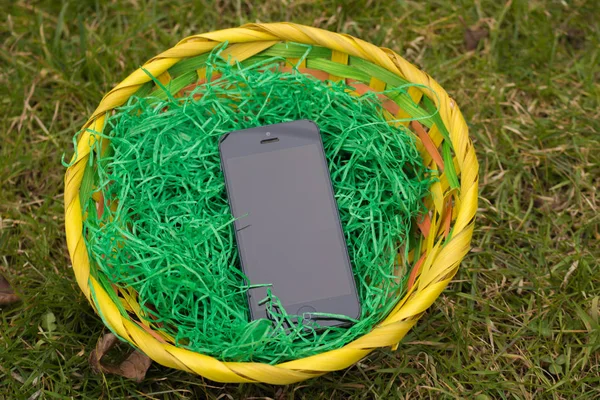 Wielkanoc, niespodzianka, Smartphone, gniazdo — Zdjęcie stockowe