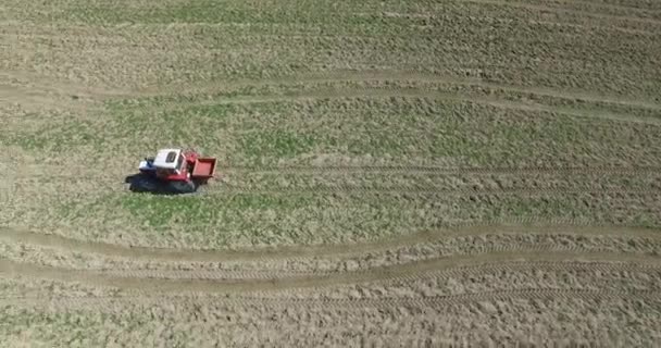 Luchtfoto, trekker en zaaimachine een veld in de zomer, boer in Oostenrijk. — Stockvideo