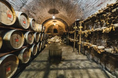 Montepulciano, İtalya - 1 Kasım 2016: Meşe bir eski İtalyanca şarap mahzeninde varil.
