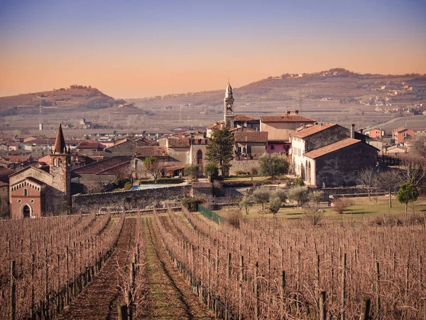 Nézd Soave (Olaszország), szőlőskertekkel körülvett. — Stock Fotó