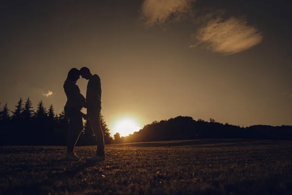 Couple expecting a child holding hands facing each other at suns — Stock Photo, Image