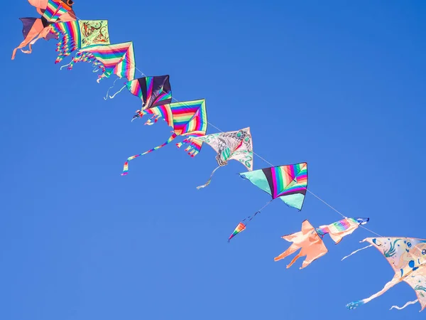 Colored kites fly in a row in the blue sky hanging on one strand — Stock Photo, Image