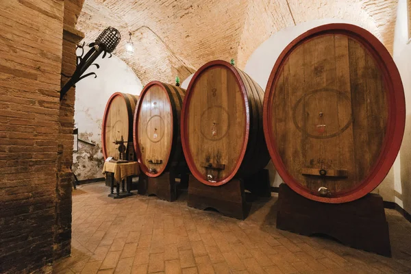 Oak barrels in an old wine cellar. — Stock Photo, Image