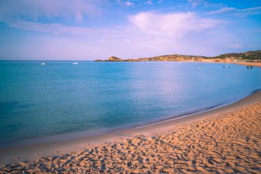 Deniz ve bozulmamış plajlar, Chia, Sardunya, İtalya.