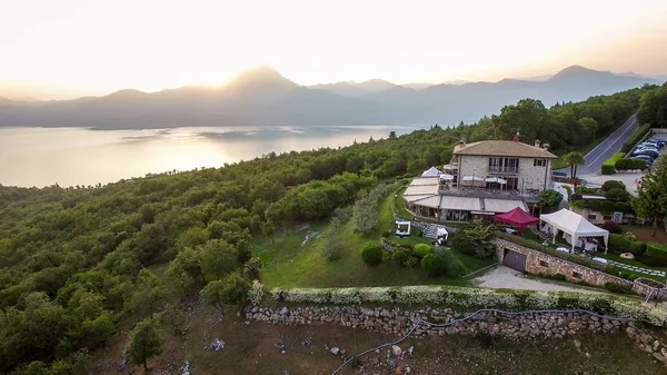 Aerial view of the house of spirits, famous restaurant on Lake G