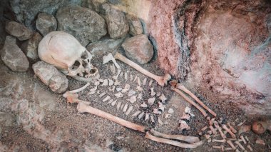 Skeleton of a primitive man inside a cave. clipart