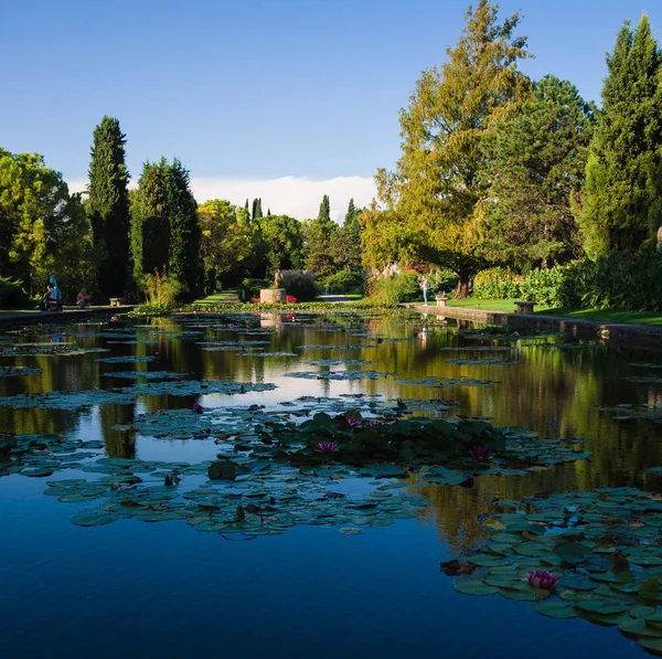 Velký rybník s lekníny v italský veřejný park. — Stock fotografie