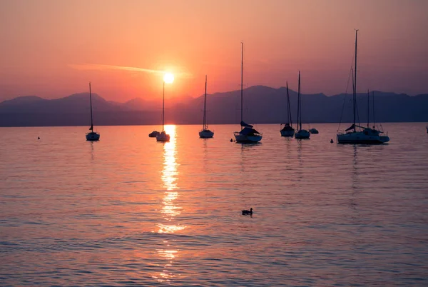 Voiliers amarrés au lac de Garde, Italie, au coucher du soleil . — Photo