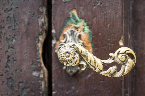 Detail of the gilded metal handle of an old wooden door. — Stock Photo, Image