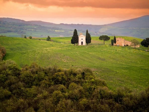 Toskana Bei Sonnenuntergang Mit Der Kapelle Madonna Vitaleta San Quirico — Stockfoto