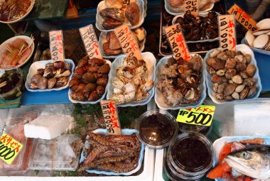 Çok sayıda farklı deniz ürünleri Tsukiji Market, en büyük toptan balık ve deniz ürünleri pazarı dünyadaki, Tokyo, Japonya çevreleyen balık Depolardan birindeki gösterilen