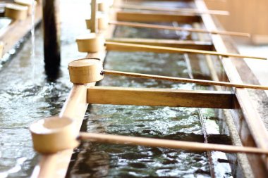 Tipik bir Temizuya detayını (bir Şinto su abdest pavilion temizu bilinen bir tören arıtma ayin için) yerleştirilen bir mahallede Shibuya, Tokyo Meiji Jingu Tapınağı ve giriş.