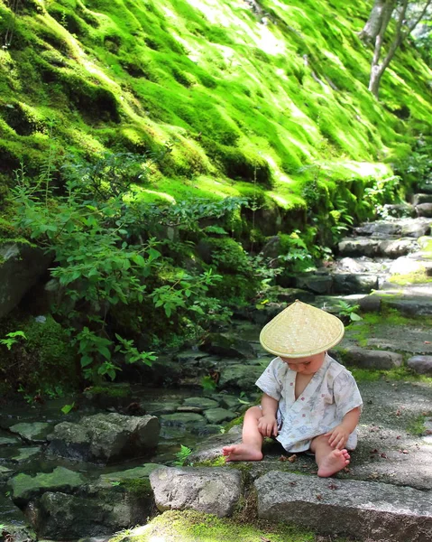 Maleństwo Noszenie Yukata Tradycyjny Zwyczaj Bawi Las Liście Siedząc Nad — Zdjęcie stockowe