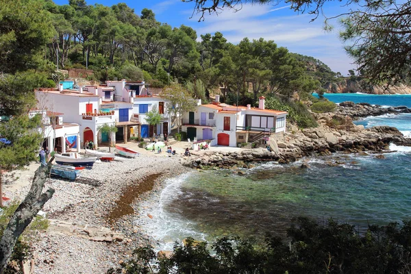 Cala s'Alguer, geleneksel balıkçı beyaz renkli kapı ve pencere, Palamos, Costa Brava, İspanya binalarla çevrili güzel bir plaj ana görünümü.