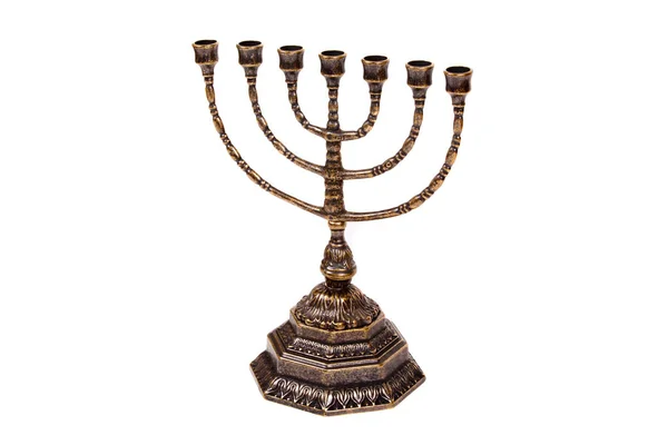 Antica candela rituale menorah su sfondo bianco — Foto Stock