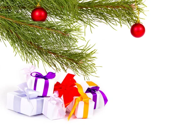 白い背景の上のモミの枝の下でクリスマス プレゼントのセット ストックフォト
